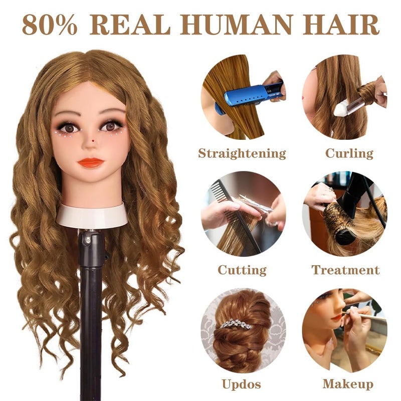 Opini Mannequin Head with 80% Human Hair Cosmetology Mannequin Head Doll Head for Hair and Makeup Practice Head (#27 Brown No Makeup) - Image 2